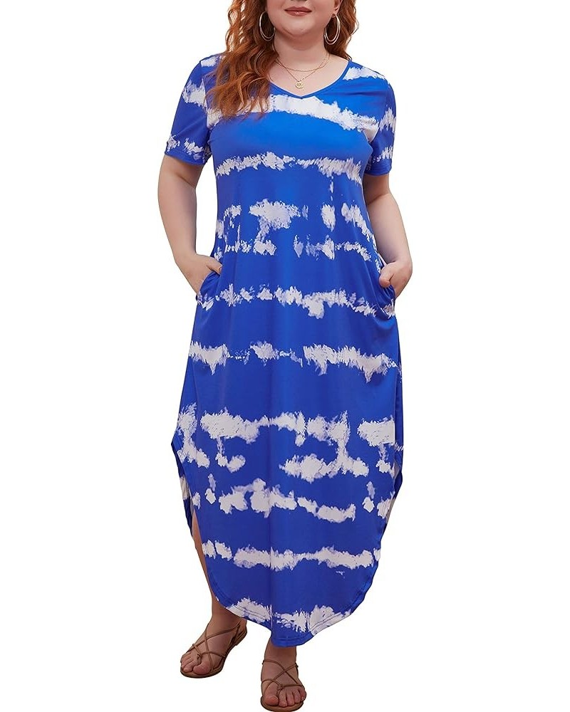 Women's Plus Size Maxi Dresses V Neck Casual Short Sleeve Loose Pocket Slits Long Dress XL-5XL Tiedye Blue $19.37 Dresses