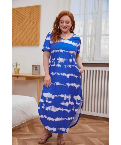 Women's Plus Size Maxi Dresses V Neck Casual Short Sleeve Loose Pocket Slits Long Dress XL-5XL Tiedye Blue $19.37 Dresses