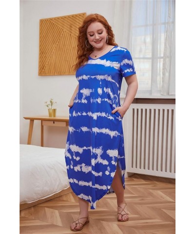 Women's Plus Size Maxi Dresses V Neck Casual Short Sleeve Loose Pocket Slits Long Dress XL-5XL Tiedye Blue $19.37 Dresses