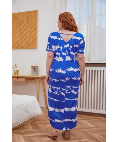 Women's Plus Size Maxi Dresses V Neck Casual Short Sleeve Loose Pocket Slits Long Dress XL-5XL Tiedye Blue $19.37 Dresses