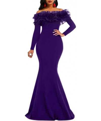 Floor-Length Long Sleeve Off Shoulder Plain Women's Maxi Dress Bodycon Dress Purple $21.56 Dresses