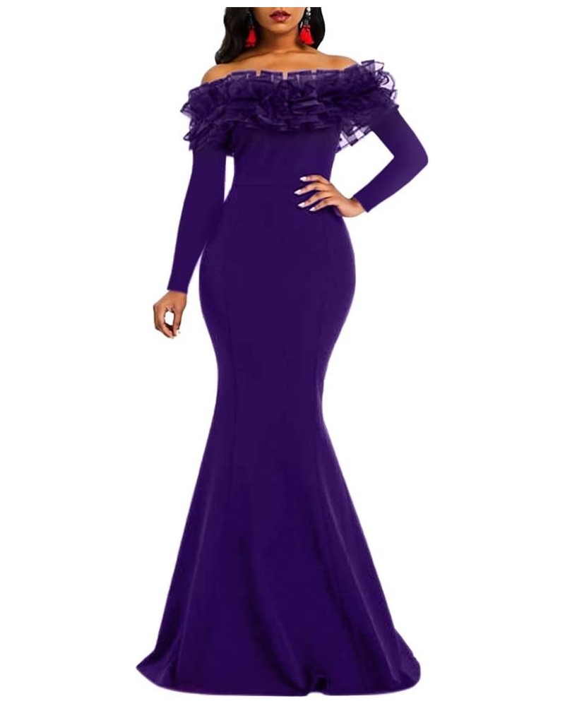 Floor-Length Long Sleeve Off Shoulder Plain Women's Maxi Dress Bodycon Dress Purple $21.56 Dresses