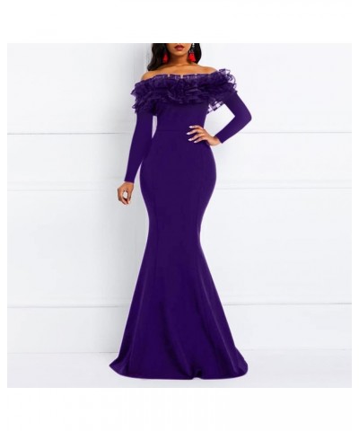 Floor-Length Long Sleeve Off Shoulder Plain Women's Maxi Dress Bodycon Dress Purple $21.56 Dresses