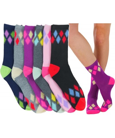 Women's Pack of 6 or 12 Fashion Printed Crew Socks 6 Pair Pack: Simple Argyle $10.99 Socks