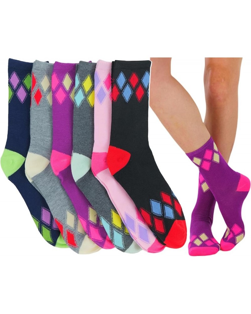 Women's Pack of 6 or 12 Fashion Printed Crew Socks 6 Pair Pack: Simple Argyle $10.99 Socks