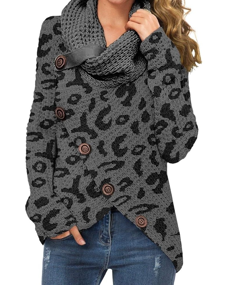 Women's Solid Color Chunky Button Pullover Sweater Turtle Cowl Neck Asymmetric Hem Knit Sweater 18-leopard Dark Gray $19.03 S...