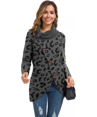 Women's Solid Color Chunky Button Pullover Sweater Turtle Cowl Neck Asymmetric Hem Knit Sweater 18-leopard Dark Gray $19.03 S...