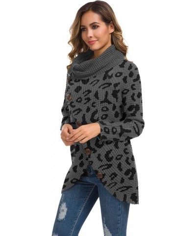 Women's Solid Color Chunky Button Pullover Sweater Turtle Cowl Neck Asymmetric Hem Knit Sweater 18-leopard Dark Gray $19.03 S...