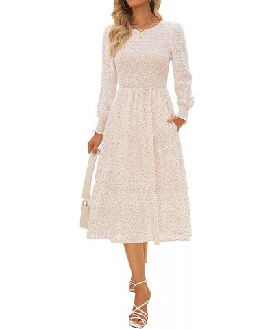 Womens Spring Dresses 2024 Winter Long Sleeve Smocked Bodice and Cuffs Boho Floral Tiered Midi Dress with Pockets Beige $13.7...