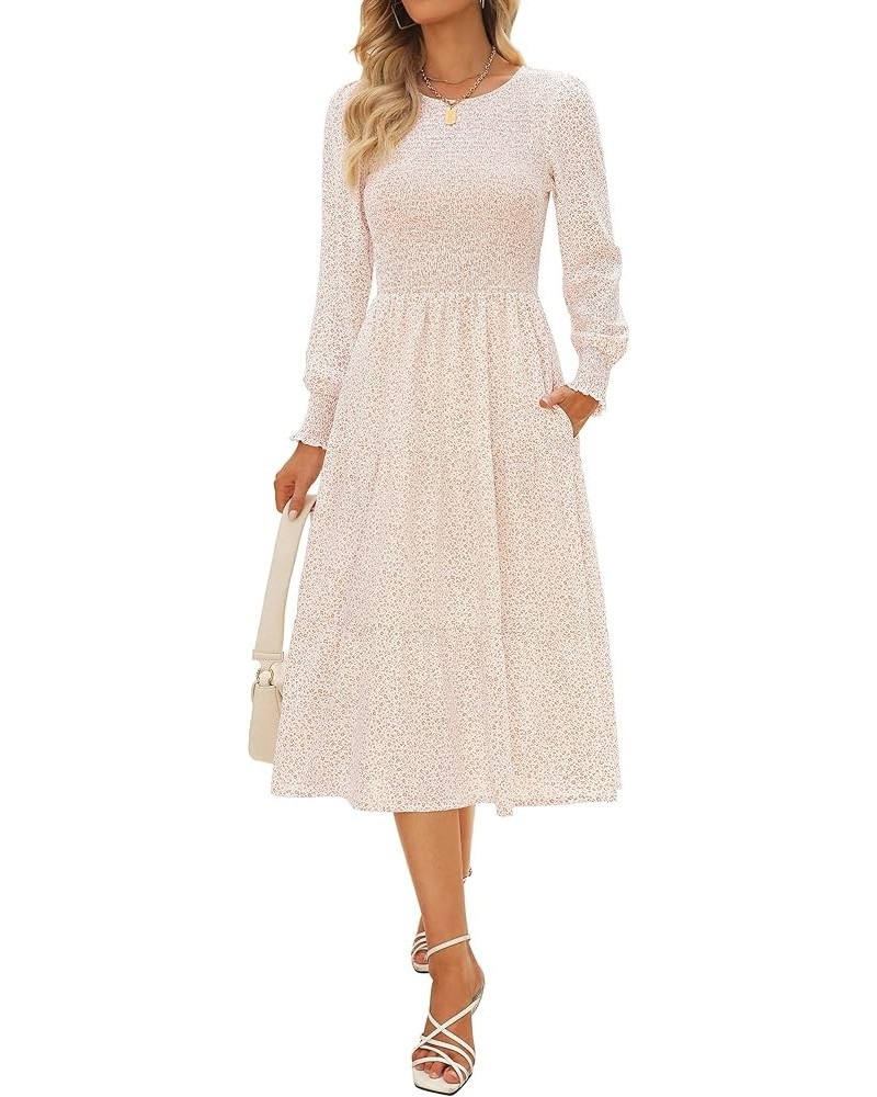 Womens Spring Dresses 2024 Winter Long Sleeve Smocked Bodice and Cuffs Boho Floral Tiered Midi Dress with Pockets Beige $13.7...