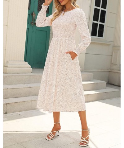 Womens Spring Dresses 2024 Winter Long Sleeve Smocked Bodice and Cuffs Boho Floral Tiered Midi Dress with Pockets Beige $13.7...