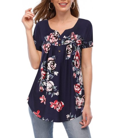 Womens Tops Floral V Neck Casual Blouses Short/Long Sleeve Shirts Button Up Tunic B Short-floral Blue 17 $12.00 Tops