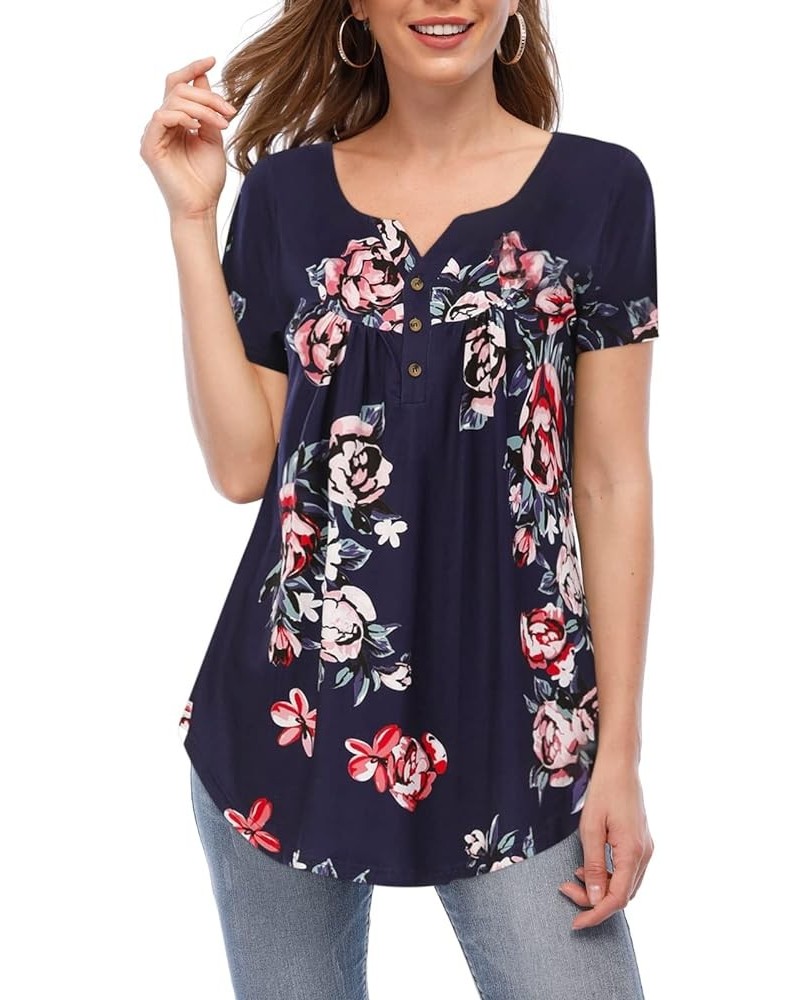 Womens Tops Floral V Neck Casual Blouses Short/Long Sleeve Shirts Button Up Tunic B Short-floral Blue 17 $12.00 Tops