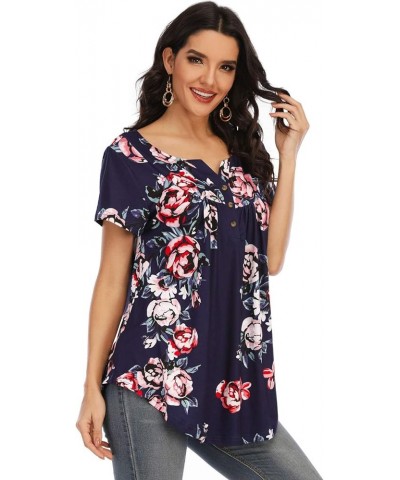 Womens Tops Floral V Neck Casual Blouses Short/Long Sleeve Shirts Button Up Tunic B Short-floral Blue 17 $12.00 Tops