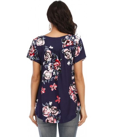 Womens Tops Floral V Neck Casual Blouses Short/Long Sleeve Shirts Button Up Tunic B Short-floral Blue 17 $12.00 Tops