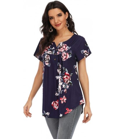 Womens Tops Floral V Neck Casual Blouses Short/Long Sleeve Shirts Button Up Tunic B Short-floral Blue 17 $12.00 Tops