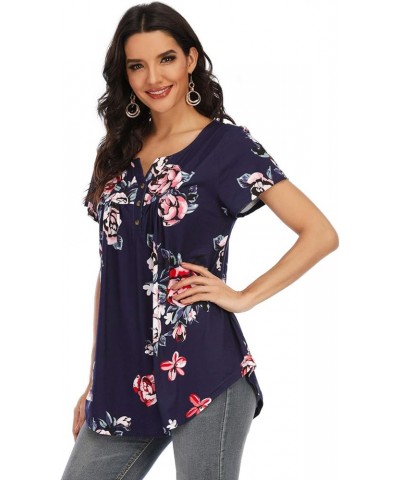 Womens Tops Floral V Neck Casual Blouses Short/Long Sleeve Shirts Button Up Tunic B Short-floral Blue 17 $12.00 Tops