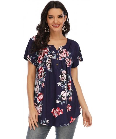 Womens Tops Floral V Neck Casual Blouses Short/Long Sleeve Shirts Button Up Tunic B Short-floral Blue 17 $12.00 Tops