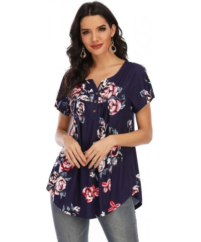 Womens Tops Floral V Neck Casual Blouses Short/Long Sleeve Shirts Button Up Tunic B Short-floral Blue 17 $12.00 Tops