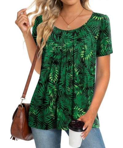 2024 Women's Summer Tunic Top Short Sleeve Casual Tshirts Pleated Loose Blouses for Leggings Leaf Green $10.25 Tops