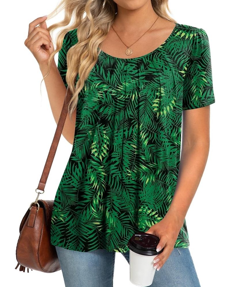 2024 Women's Summer Tunic Top Short Sleeve Casual Tshirts Pleated Loose Blouses for Leggings Leaf Green $10.25 Tops