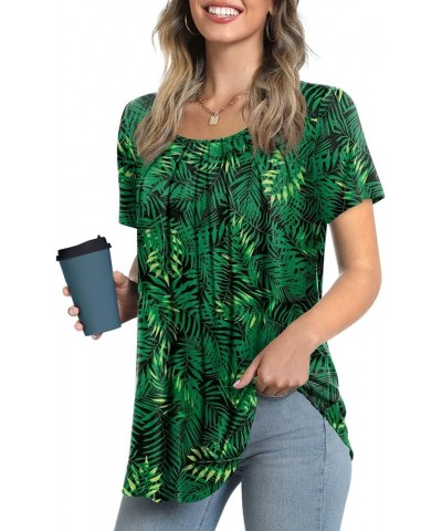 2024 Women's Summer Tunic Top Short Sleeve Casual Tshirts Pleated Loose Blouses for Leggings Leaf Green $10.25 Tops