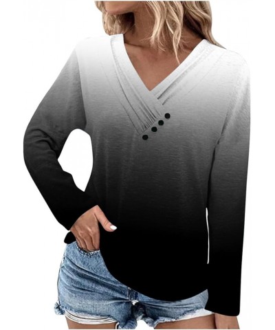 Women Pleated V Neck Blouse with Button Full Sleeve Graphic Tee Pullover Blouse Ruffle Hem Sweatshirt Button Tunic 17 Black $...