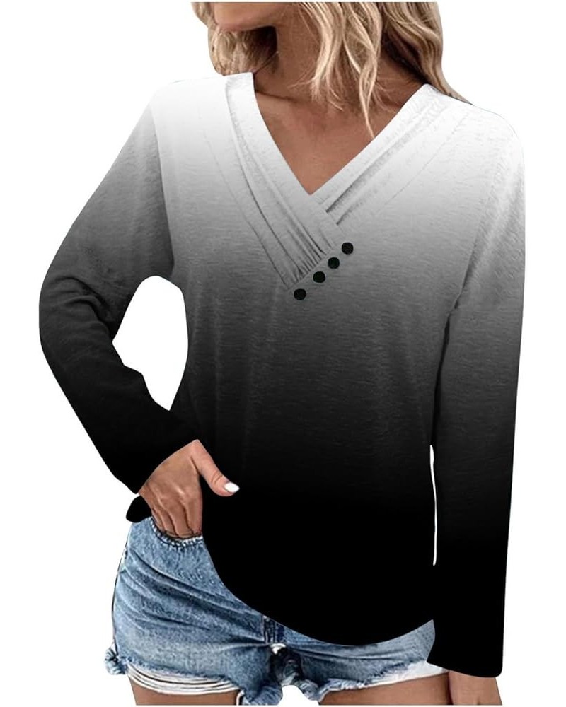 Women Pleated V Neck Blouse with Button Full Sleeve Graphic Tee Pullover Blouse Ruffle Hem Sweatshirt Button Tunic 17 Black $...