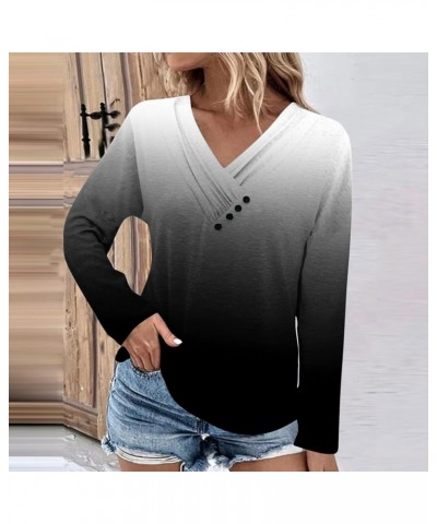 Women Pleated V Neck Blouse with Button Full Sleeve Graphic Tee Pullover Blouse Ruffle Hem Sweatshirt Button Tunic 17 Black $...