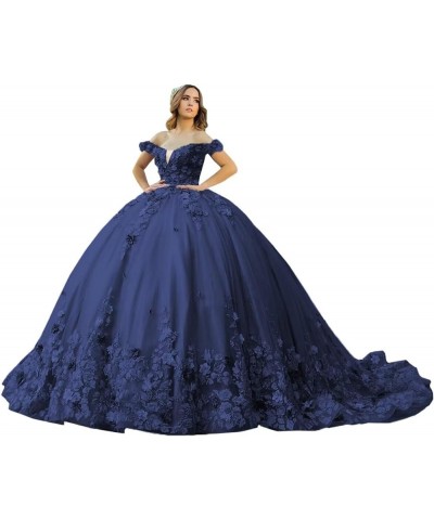 Off Shoulder Quinceanera Dresses Ball Gown 2024 with Train Sparkly Beaded Sweet 16 Dresses Lace Ball Gowns Navy Blue $71.05 D...