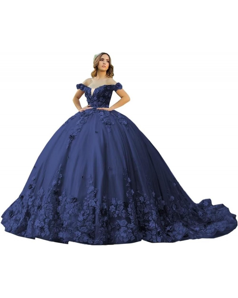 Off Shoulder Quinceanera Dresses Ball Gown 2024 with Train Sparkly Beaded Sweet 16 Dresses Lace Ball Gowns Navy Blue $71.05 D...