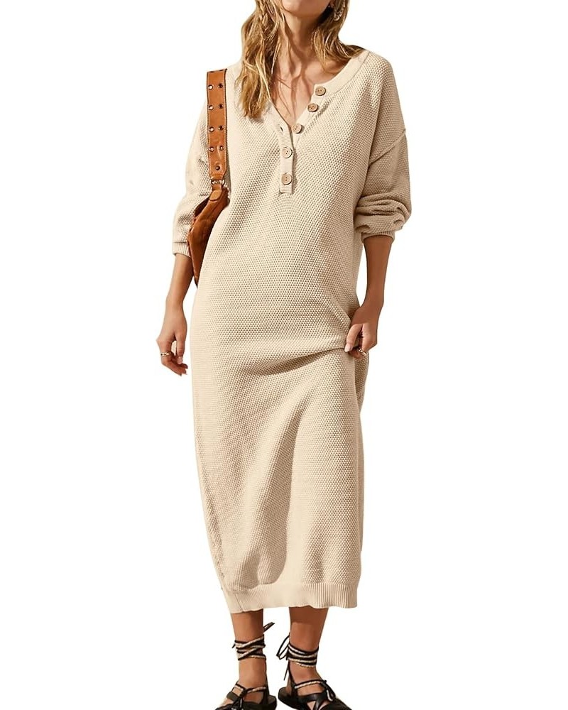 Midi Sweater Dress for Women Oversized Button V Neck Waffle Knit Dresses Fall Maxi Dress Apricot $25.07 Dresses