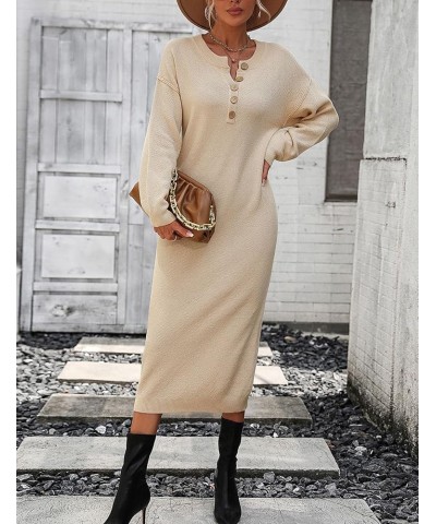 Midi Sweater Dress for Women Oversized Button V Neck Waffle Knit Dresses Fall Maxi Dress Apricot $25.07 Dresses