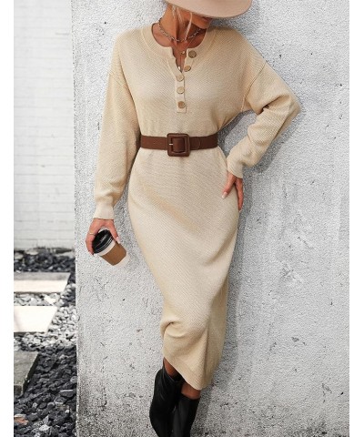 Midi Sweater Dress for Women Oversized Button V Neck Waffle Knit Dresses Fall Maxi Dress Apricot $25.07 Dresses