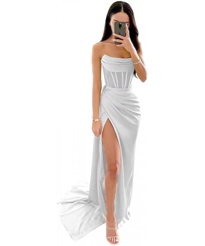 Mermaid Bridesmaid Dresses Long with Slit 2023 Strapless Satin Formal Party Dress NO110 White $29.63 Dresses