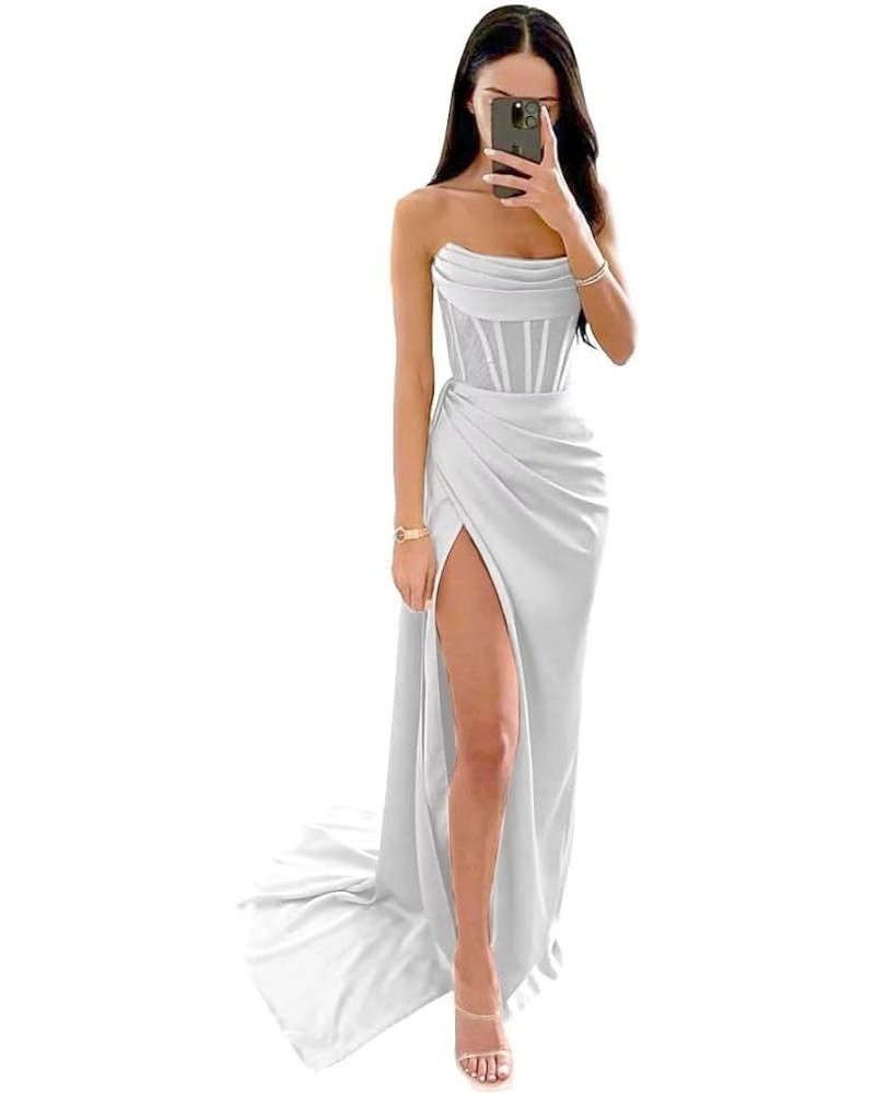 Mermaid Bridesmaid Dresses Long with Slit 2023 Strapless Satin Formal Party Dress NO110 White $29.63 Dresses