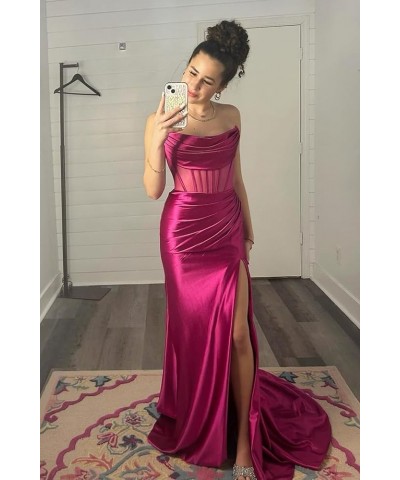 Mermaid Bridesmaid Dresses Long with Slit 2023 Strapless Satin Formal Party Dress NO110 White $29.63 Dresses