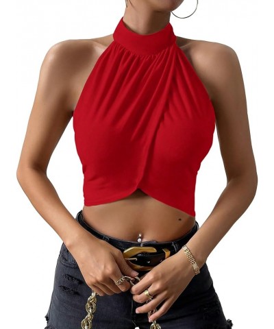 Women's Backless Halter Top Sexy Wrap Sleeveless Tie Back Crop Top Red $11.79 Tanks