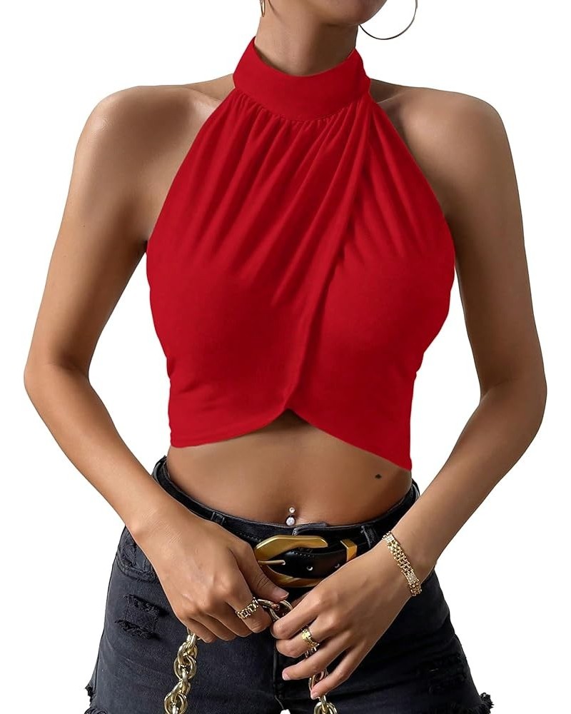 Women's Backless Halter Top Sexy Wrap Sleeveless Tie Back Crop Top Red $11.79 Tanks