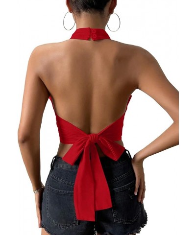 Women's Backless Halter Top Sexy Wrap Sleeveless Tie Back Crop Top Red $11.79 Tanks