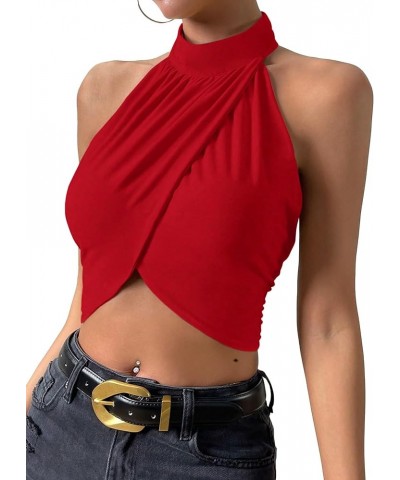 Women's Backless Halter Top Sexy Wrap Sleeveless Tie Back Crop Top Red $11.79 Tanks