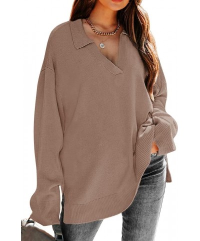 Womens V Neck Collared Oversized Fall Sweater 2023 Sexy Long Sleeve Knit Pullover Tunic Sweaters Top Dark Apricot $14.35 Swea...