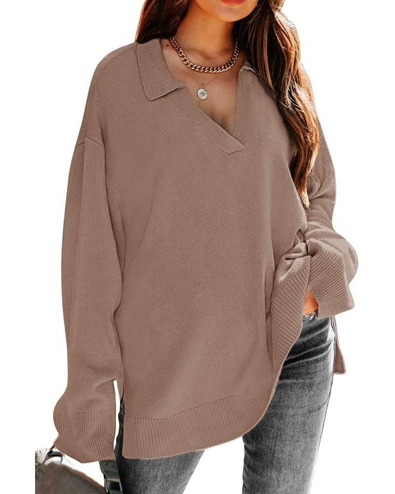 Womens V Neck Collared Oversized Fall Sweater 2023 Sexy Long Sleeve Knit Pullover Tunic Sweaters Top Dark Apricot $14.35 Swea...