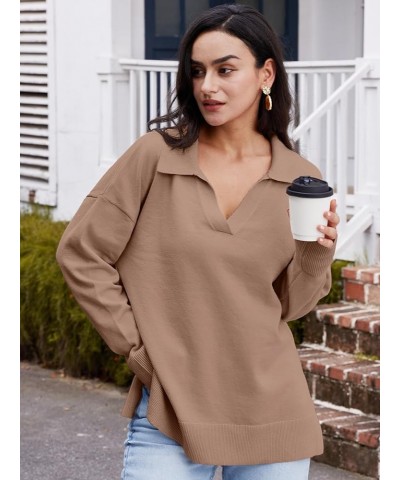 Womens V Neck Collared Oversized Fall Sweater 2023 Sexy Long Sleeve Knit Pullover Tunic Sweaters Top Dark Apricot $14.35 Swea...