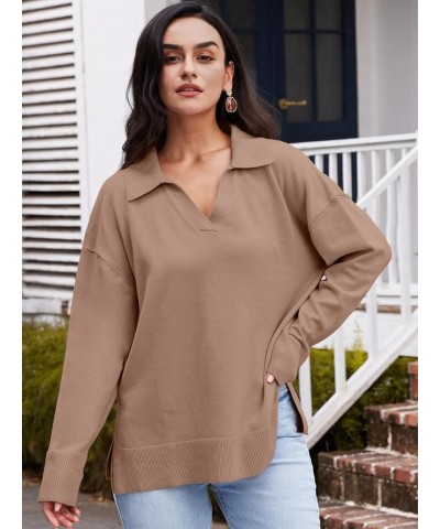 Womens V Neck Collared Oversized Fall Sweater 2023 Sexy Long Sleeve Knit Pullover Tunic Sweaters Top Dark Apricot $14.35 Swea...