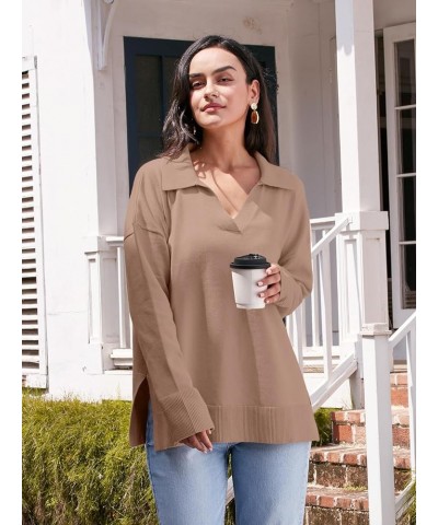 Womens V Neck Collared Oversized Fall Sweater 2023 Sexy Long Sleeve Knit Pullover Tunic Sweaters Top Dark Apricot $14.35 Swea...