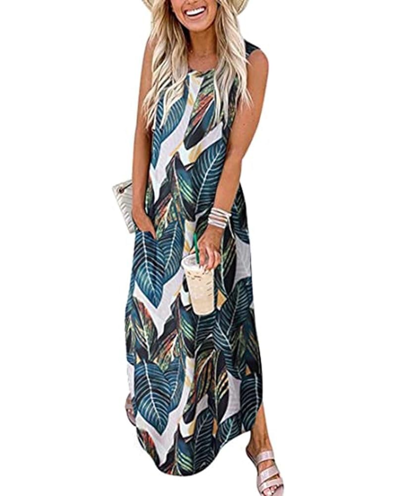 Maxi Dress for Women Summer,Women's Casual Loose Summer Long Dress Sleeveless Split Beach Maxi Dresses with Pocket A00-multic...