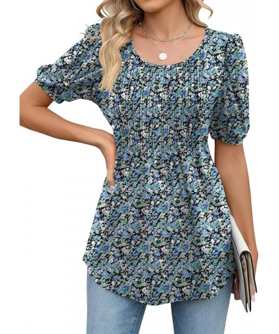 Women's Summer Puff Long/Short Sleeve Tunic Tops Pleated Crew Neck Shirts Blouses Casual Loose T-Shirts A_short Sleeve Blue+f...