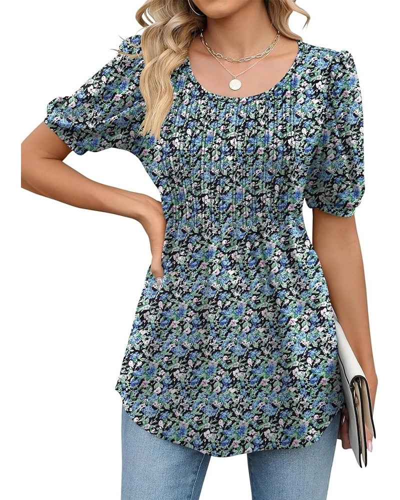 Women's Summer Puff Long/Short Sleeve Tunic Tops Pleated Crew Neck Shirts Blouses Casual Loose T-Shirts A_short Sleeve Blue+f...