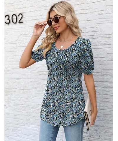 Women's Summer Puff Long/Short Sleeve Tunic Tops Pleated Crew Neck Shirts Blouses Casual Loose T-Shirts A_short Sleeve Blue+f...